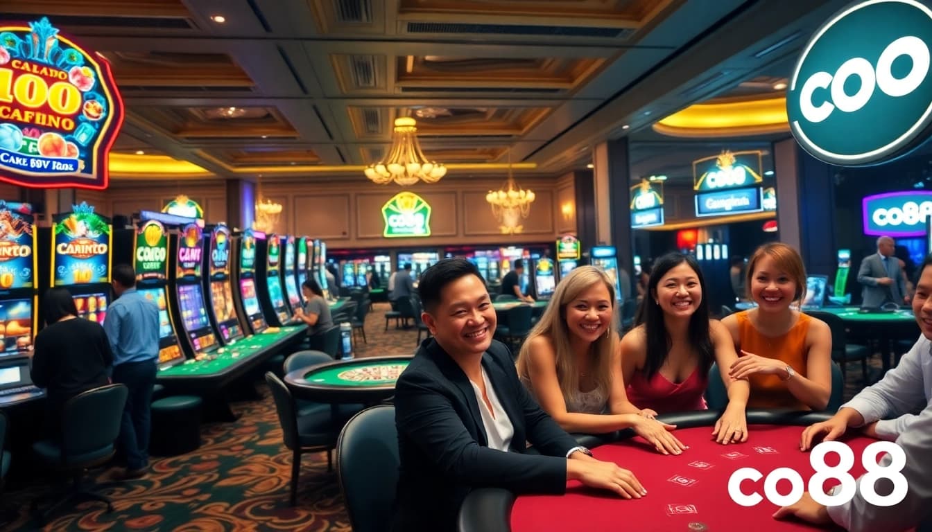 Enjoying a winning moment at co88 casino with vibrant slot machines and poker tables.