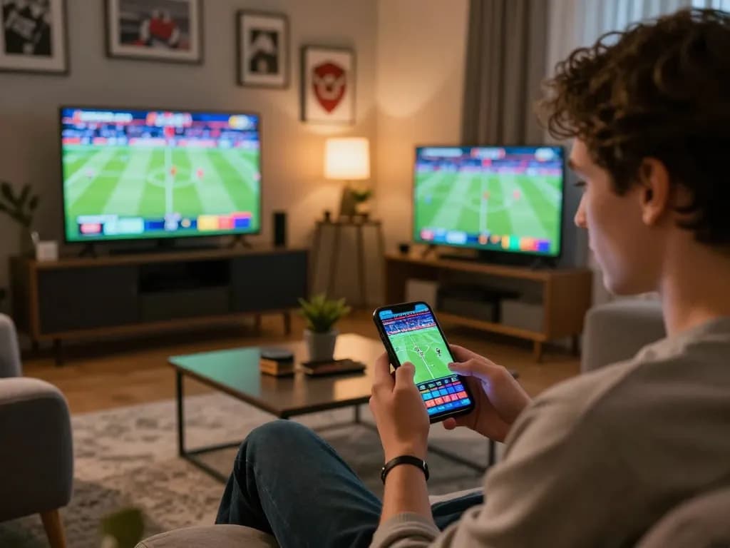 Kuwin user placing bets on a smartphone while enjoying live sports in a modern living room setting