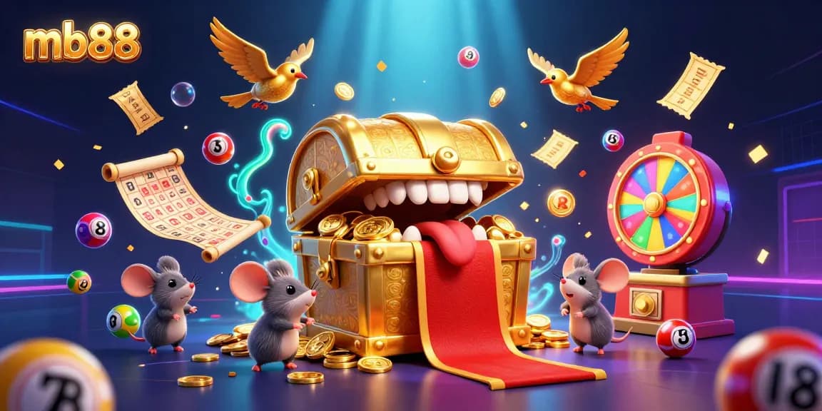 Experience mb88’s vibrant casino scene with golden treasures and dynamic lottery elements.