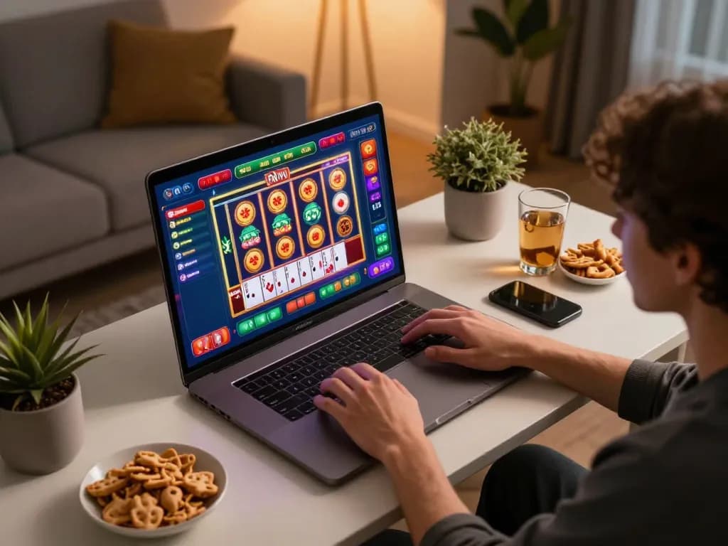 Engaging in online gambling on rikvip from a cozy home gaming setup with a laptop and snacks.