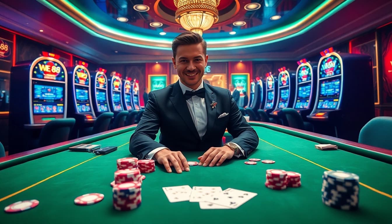 Engage with WE88's thrilling online casino experience featuring a dealer and vibrant gaming elements.