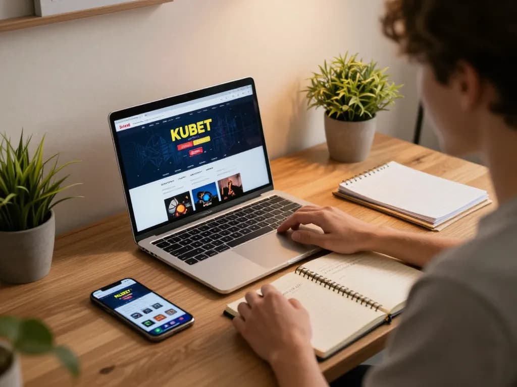 KUBET online casino gaming setup with a person using a laptop and smartphone, creating a cozy, strategic atmosphere.