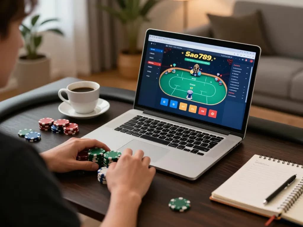 Sao789 player engaged in online poker with laptop and chips in a cozy home setup.