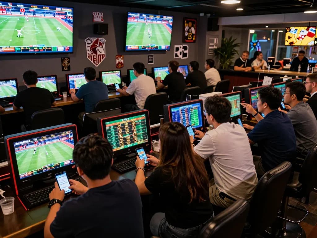 Excited bettors placing bets on mobile devices at 58win's live sports betting event