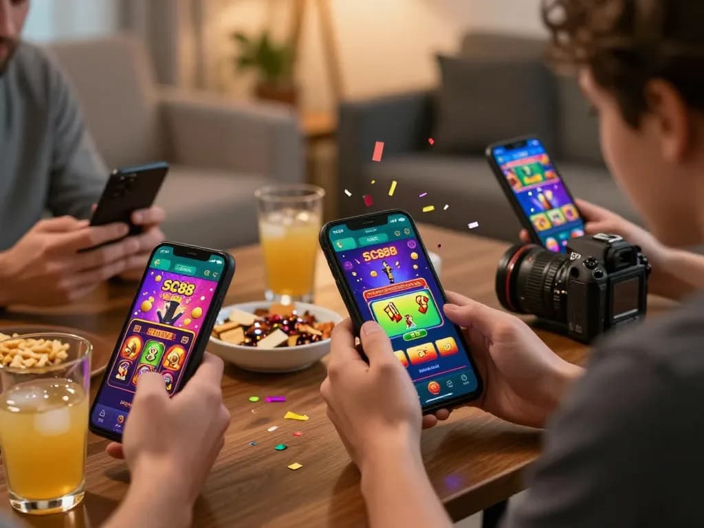 Exciting SC88 online gambling experience with players celebrating wins and engaging in mobile betting.