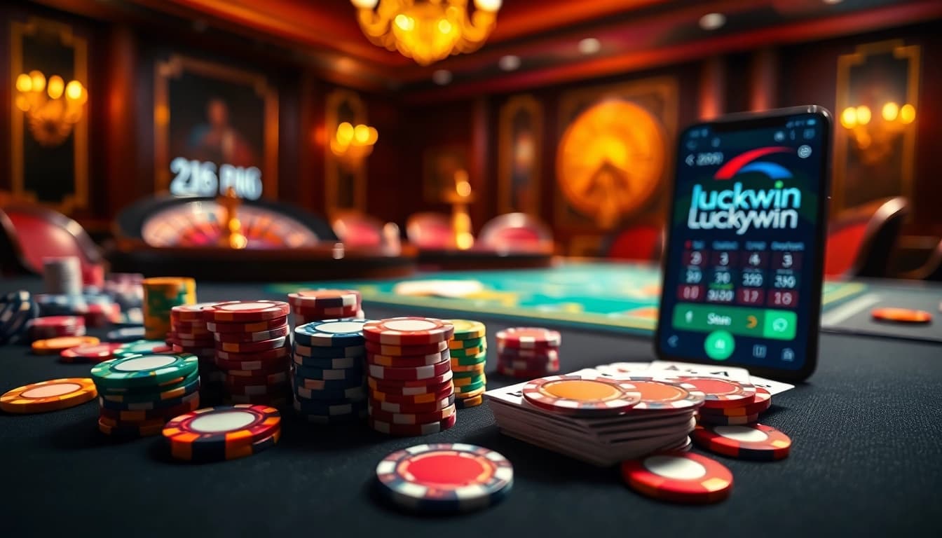 Experience the thrill of gambling at Luckywin with a vibrant casino scene showcasing poker chips and cards.