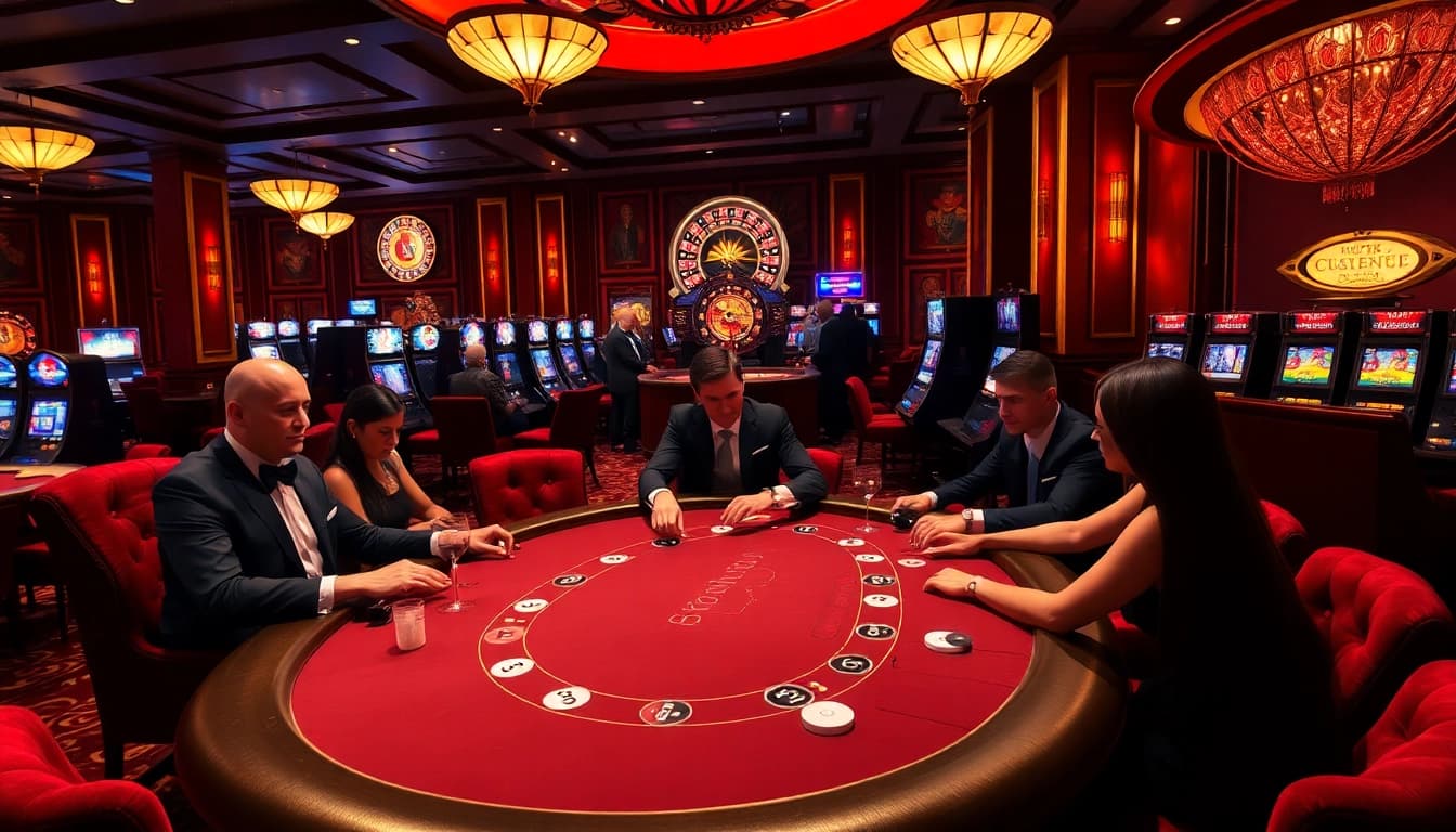 NoHu casino enthusiasts playing poker at a high-stakes table with vibrant slot machines in view.