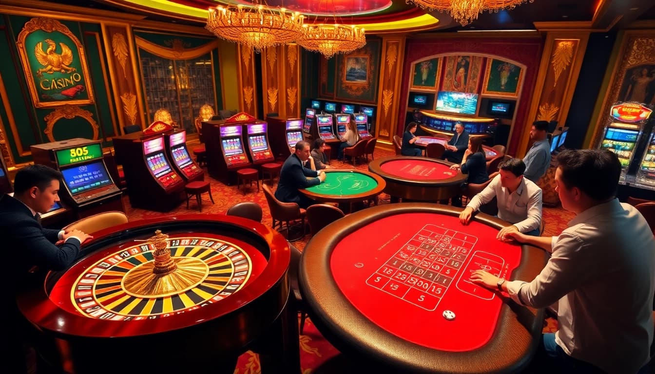 Exciting casino atmosphere at Trang Chủ XIN88 showcasing gaming tables and vibrant slot machines.