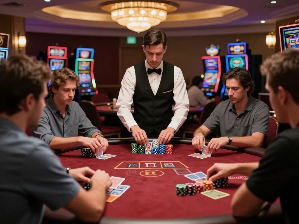 Watch players at a blackjack table engage with their cards and chips, while exploring https://fabet.credit/ for blackjack strategies.
