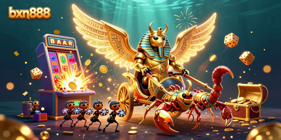 Engage with bxn888's vibrant casino experience through this stunning 3D illustration of a colossal golden scarab beetle chariot scene.