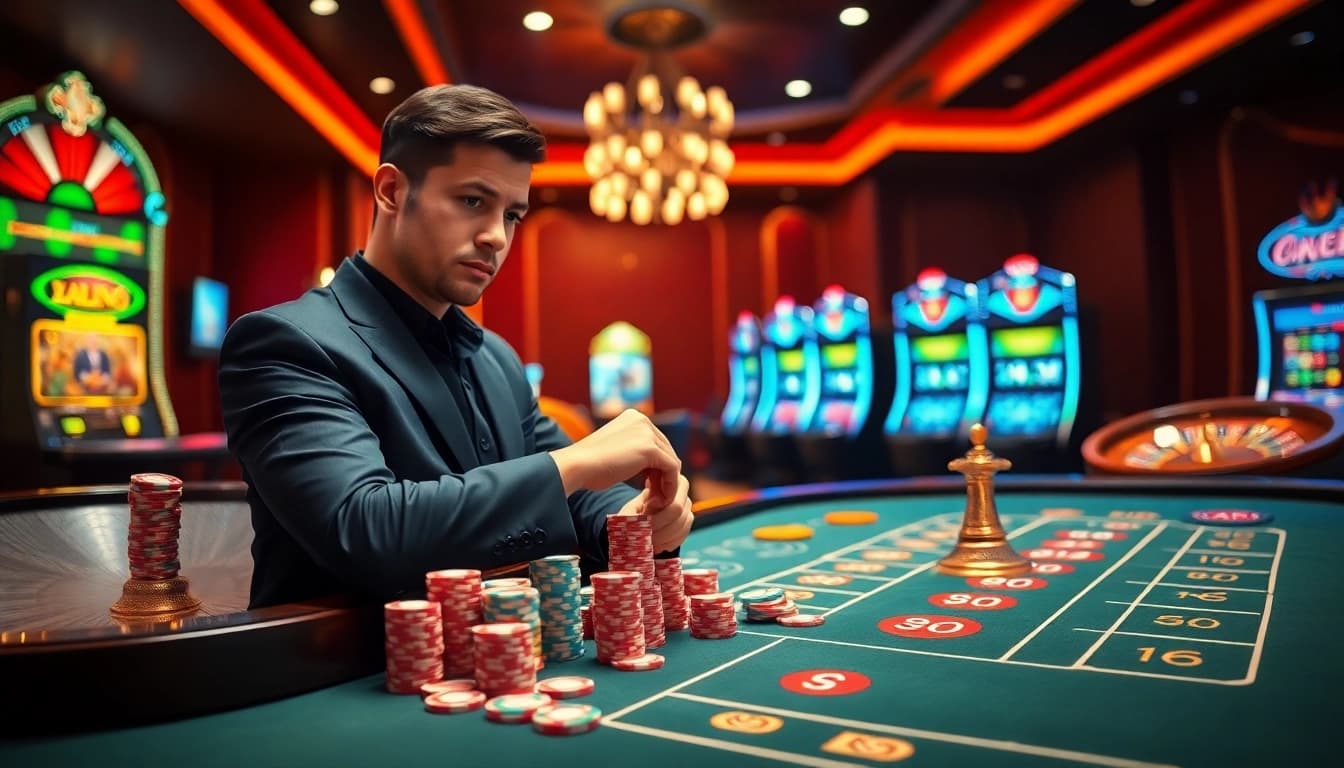 Engage in thrilling online gambling at https://luck8.media/ with a vibrant casino scene featuring poker chips and slot machines.