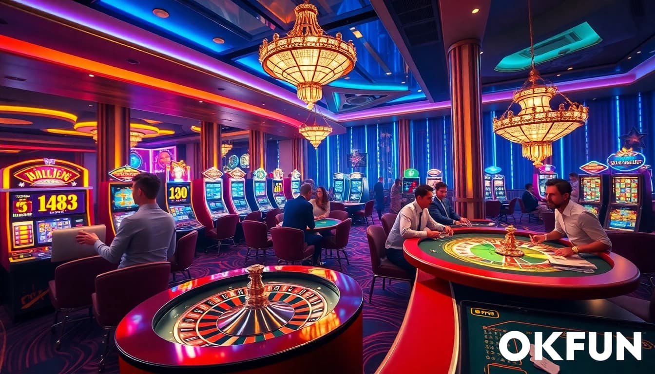 Engaging gamblers at luxurious OKFUN casino tables with vibrant games and interactions.
