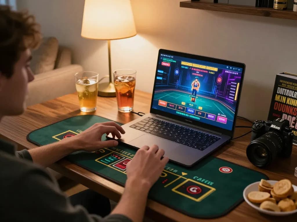 Engaging online gambling moment at https://n188.build/ with a player enjoying interactive live dealer game in a cozy setting.