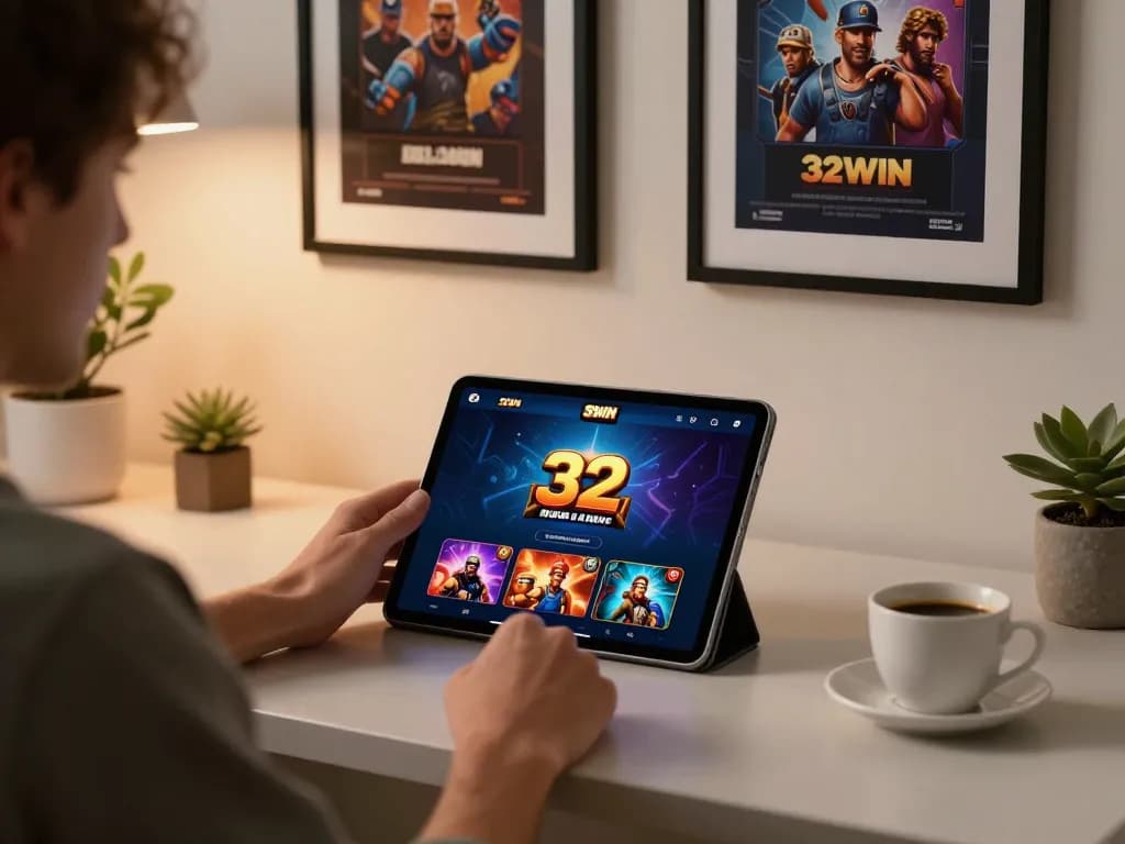 Player enjoying the 32win casino app in a cozy home setup, reflecting online gambling excitement.