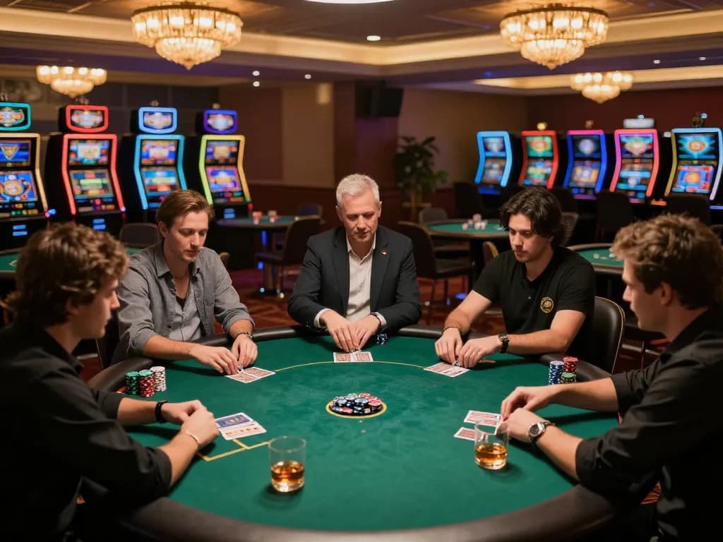 Players engaging in a strategic poker game at xx88's elevated casino, capturing dynamic gameplay and luxurious atmosphere