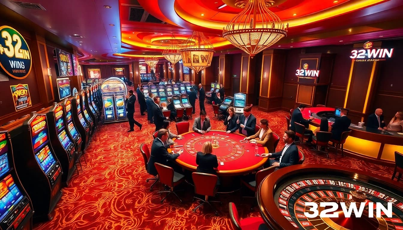 32WIN players enjoy an exciting casino atmosphere with vibrant gaming tables and slot machines.