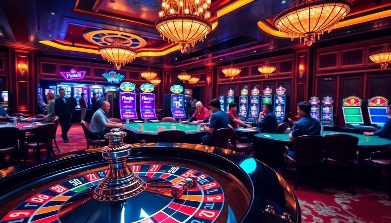F168 casino scene featuring a roulette wheel and excited players at poker tables.