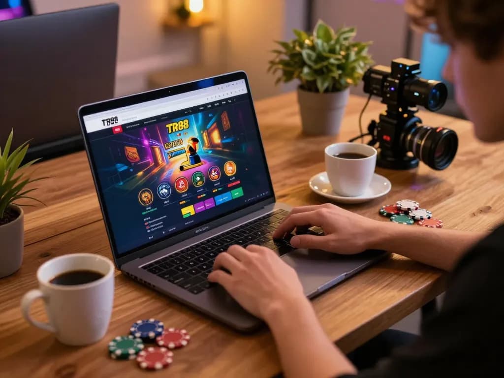 Playing TR88 online casino games at home, showcasing engaging gaming interface and chips on the desk