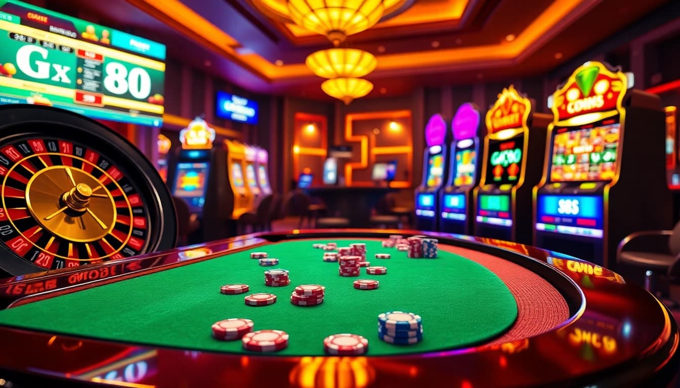 Experience GK88's exciting casino environment with vibrant poker chips and spinning roulette wheel.
