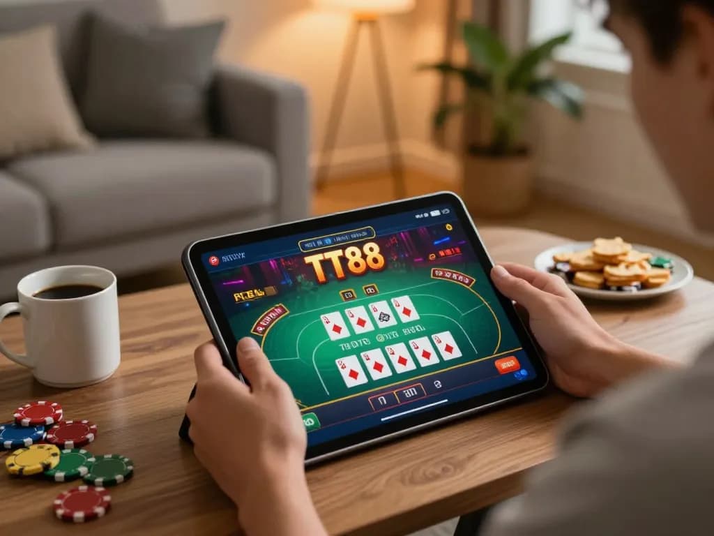 Player enjoying TT88 online casino games on a tablet, engaged in strategic gambling.