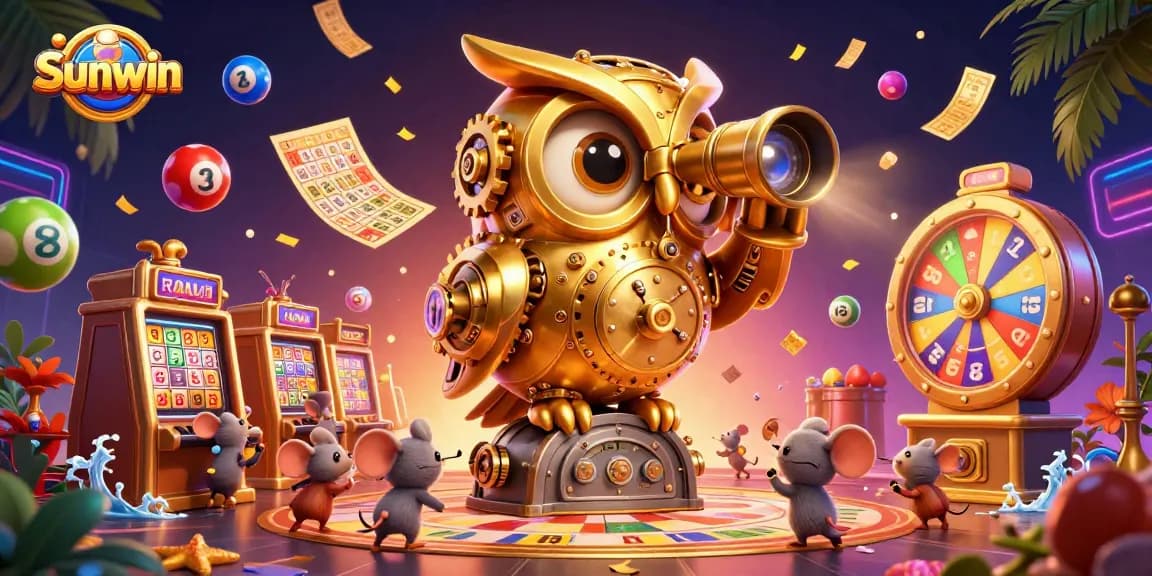 Sunwin's dynamic casino scene featuring a golden owl and colorful game elements, showcasing excitement.