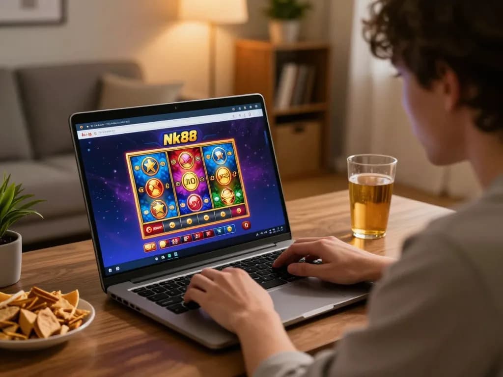 Nk88 online gaming experience highlights a player engaged with slot games in a cozy home setting.