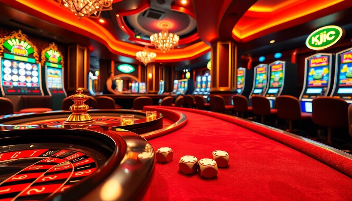 KJC-themed casino environment featuring roulette table and vibrant slot machines.