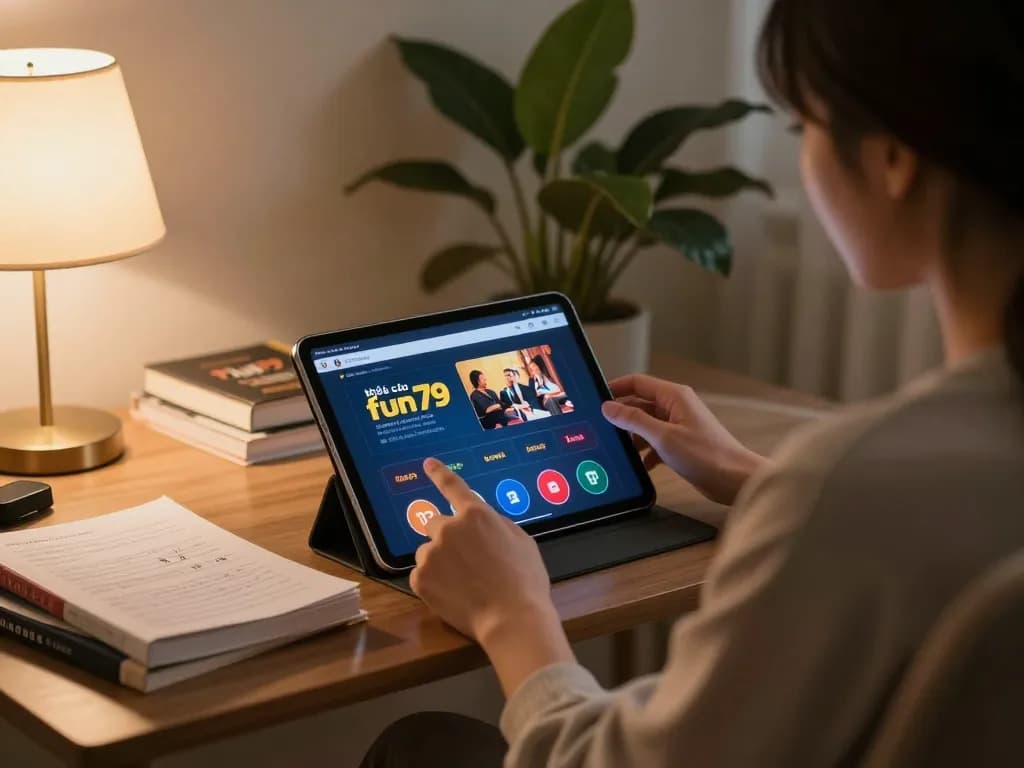 Enjoying strategic gameplay on nhà cái fun79 tablet interface in a cozy, well-decorated living space.