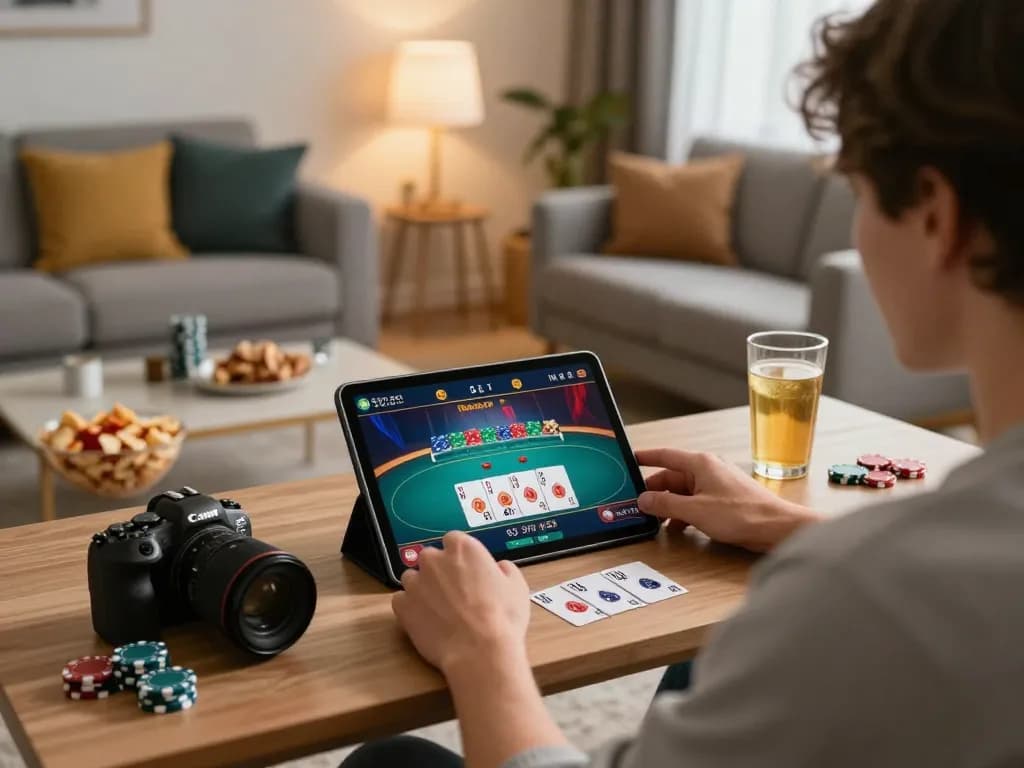 Engaging in a Fly88 online poker game at home, showcasing cozy setting and strategic focus