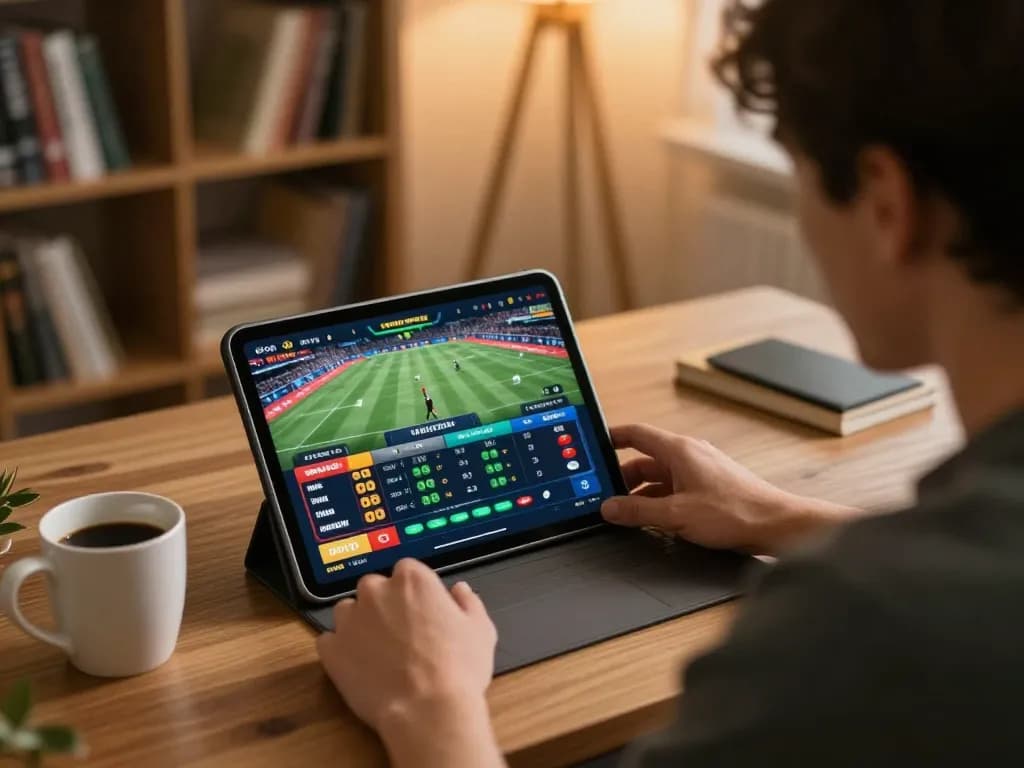 Engaged user placing bets on 79king sports betting app while analyzing odds in a cozy home office.