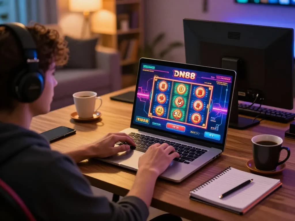 Player enjoying DN88 slot games on a laptop at home with strategic notes for winning.