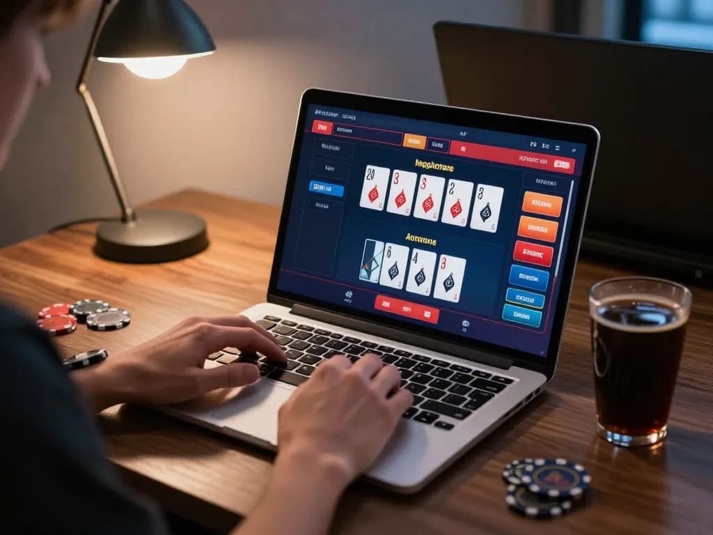 Player engaging in strategic gaming at hay88x online platform with laptop and poker screen interface.