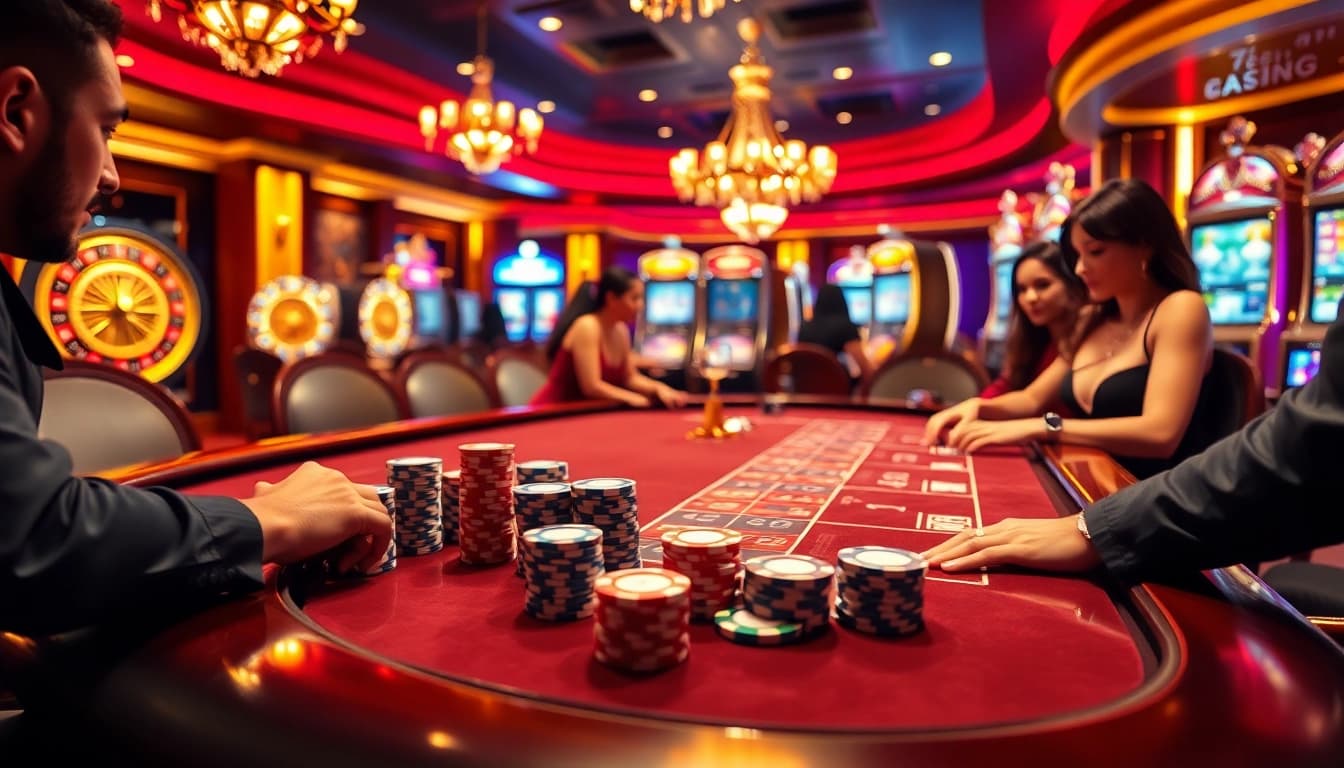 Players strategizing at a luxurious casino table with S8-themed poker chips.