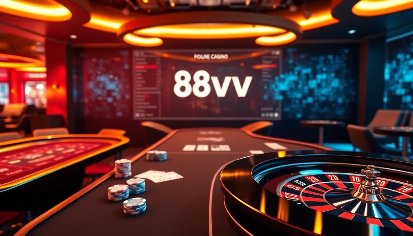 Experience the excitement of 88vv in a luxurious online casino setting with vibrant gaming elements.