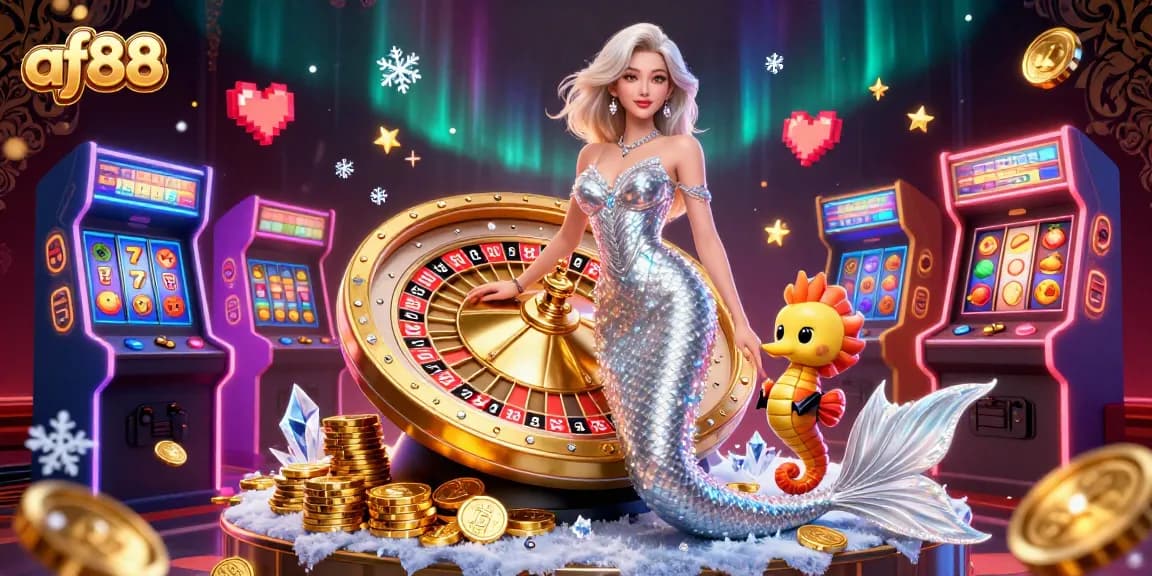 Spin the golden roulette wheel at af88 with a glamorous mermaid and her seahorse companion.