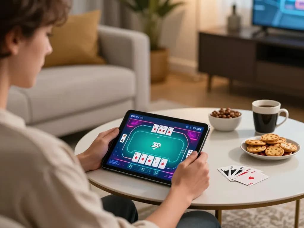 Playing poker on a tablet at https://mm88.fun/ with snacks and ambient lighting for a cozy experience.