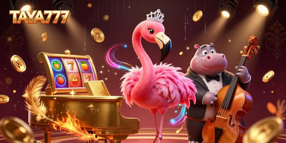 TAYA777 casino scene featuring a flamingo singer and hippo bassist, surrounded by vibrant gaming elements.