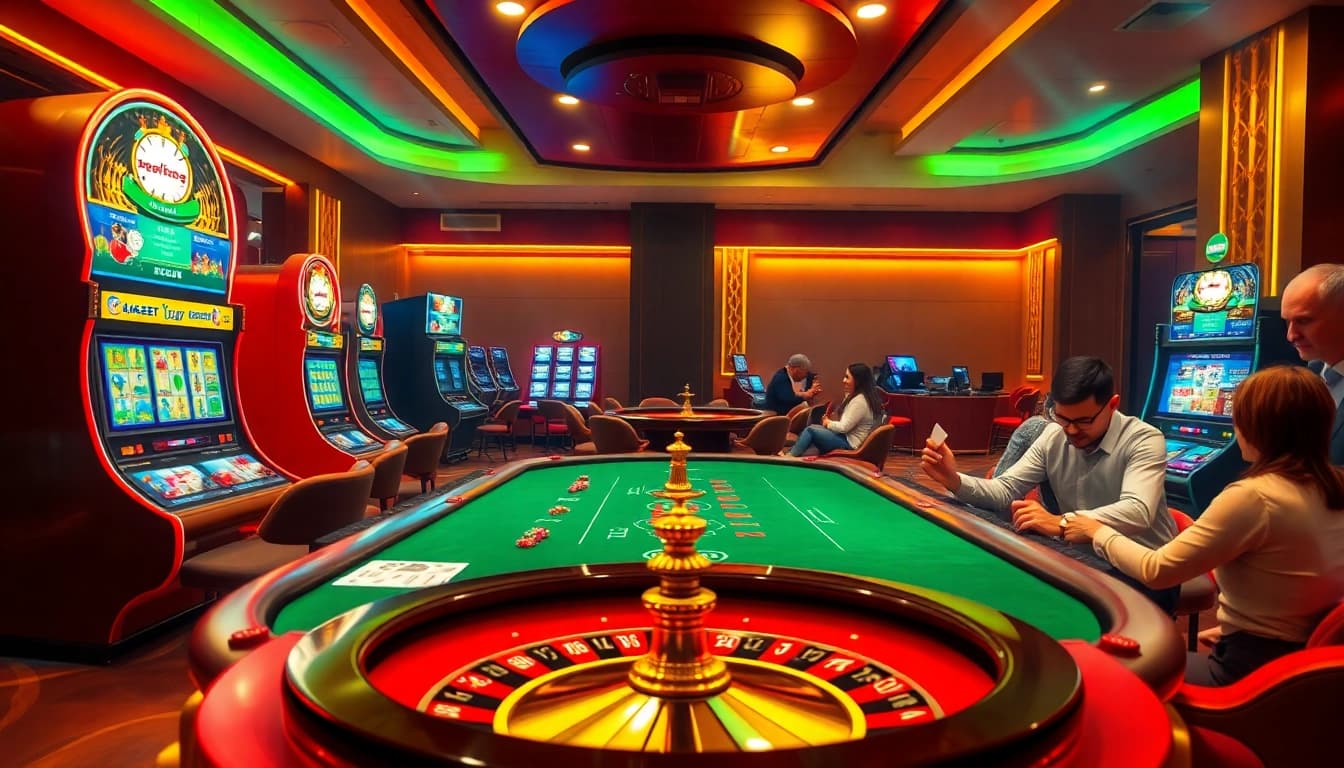 Players enjoying games at OK9 casino, showcasing excitement at poker tables and slot machines.