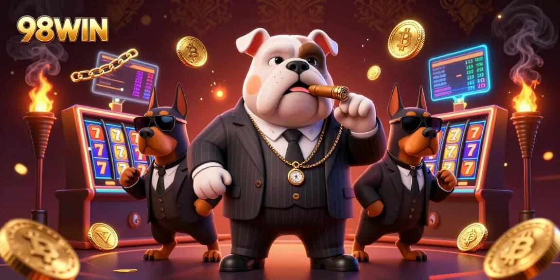 Experience thrilling casino action with 98WIN's vibrant illustration featuring a mafia bulldog and bodyguards.