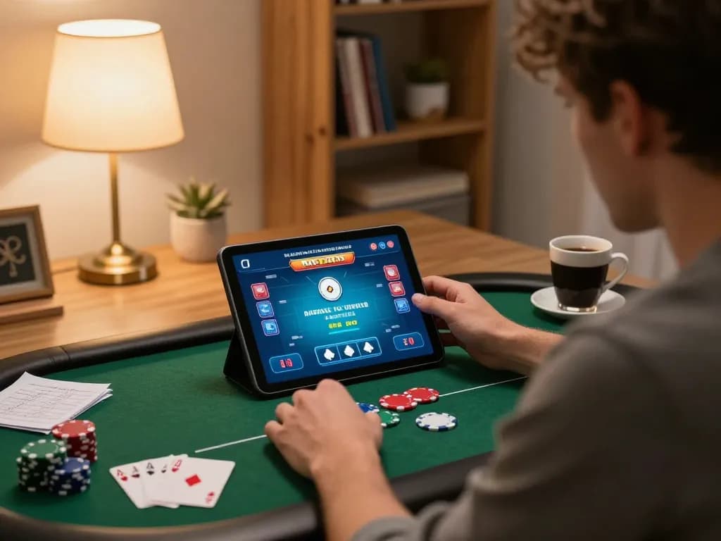Player engaging in online poker on luck8l platform with strategic notes in cozy home setting.