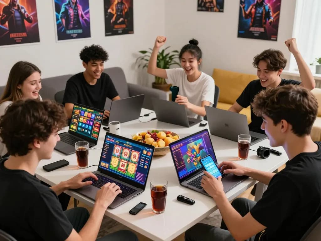 Exciting gaming session showcasing friends using link tải hitclub mới nhất on laptops and smartphones in a vibrant setting.