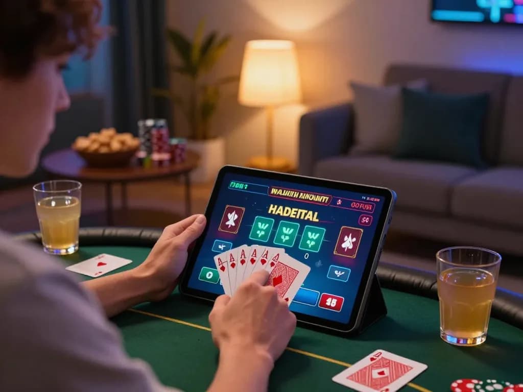 Exciting online player engages in poker with twin68 interface on tablet, cozy home setting.