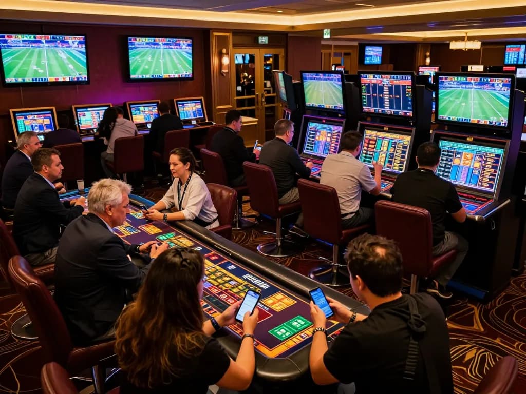 Engaged viewers checking vebotv bets in a lively sports betting atmosphere.