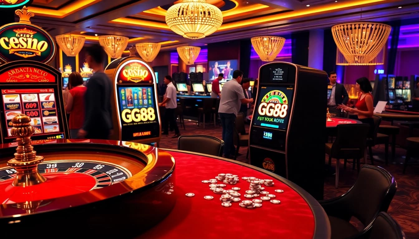 GG88 logo displayed on a luxurious slot machine amidst an exciting casino atmosphere.
