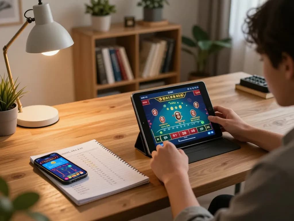 Seseorang menggunakan tablet untuk perjudian online di rumah, menjelajahi antarmuka permainan dealer langsung idn789 dalam suasana yang nyaman.