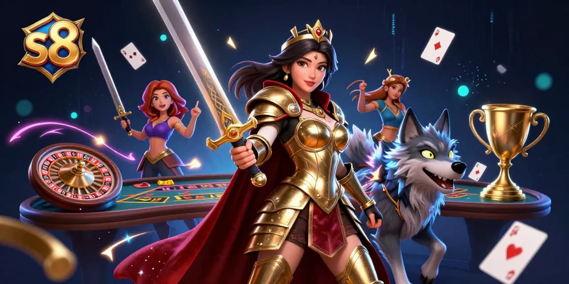 Experience thrilling live casino action with s8, featuring a warrior queen and glowing wolf amidst dynamic game elements.