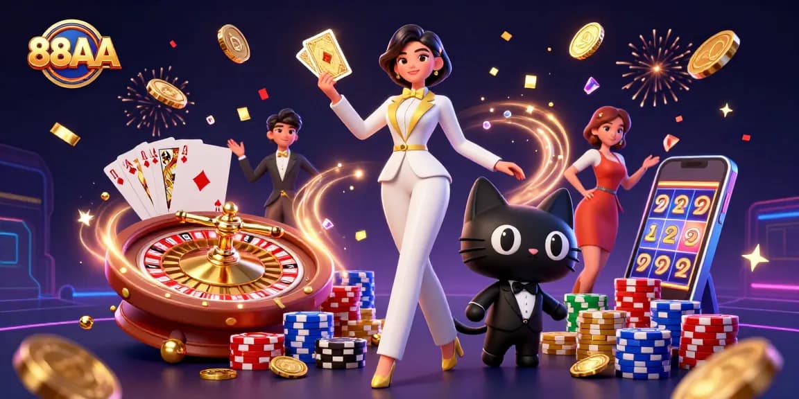 Join the action at 88AA with a glamorous woman shuffling poker cards and a playful cat, all amidst casino excitement.