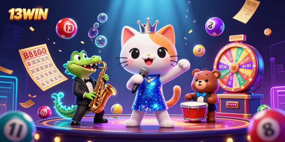 Experience the excitement of 13WIN with vibrant characters and lottery elements in a dynamic casino scene.