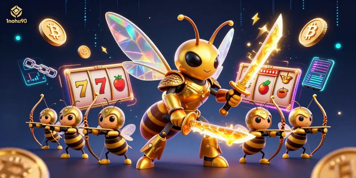 Engage with the thrilling world of 1nohu90 as a golden hornet samurai wields honey katanas amidst vibrant slot reels and NFTs.