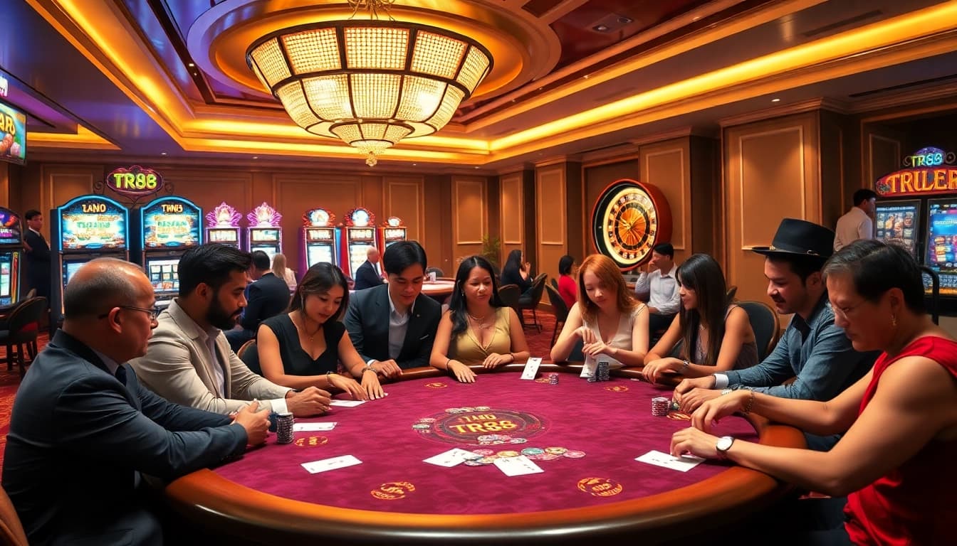 Players engaging in high-stakes poker action at an elegant casino featuring TR88 themed details.